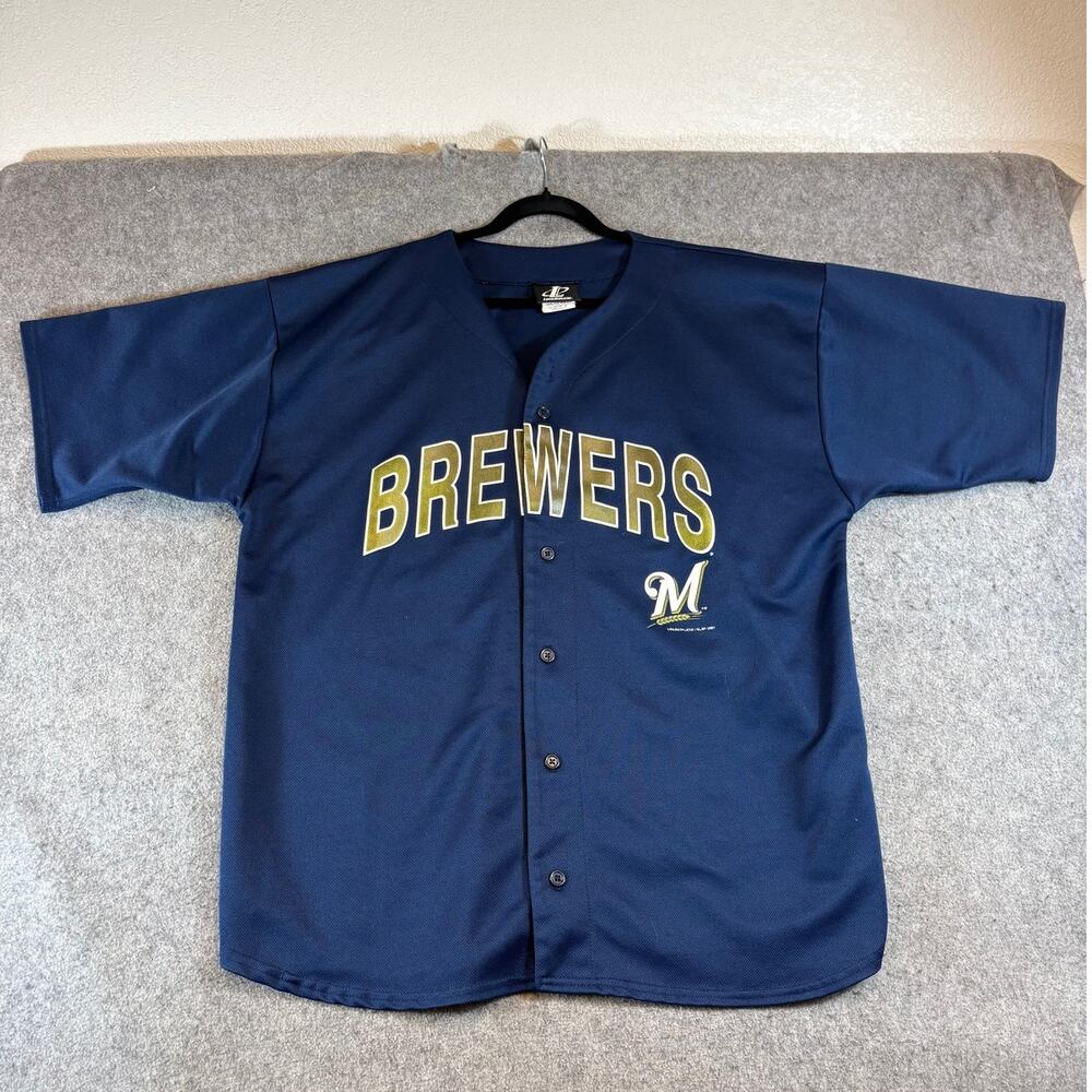 VTG 90s Logo Athletic Milwaukee Brewers Baseball Jersey Mens XL Blue Sportswear